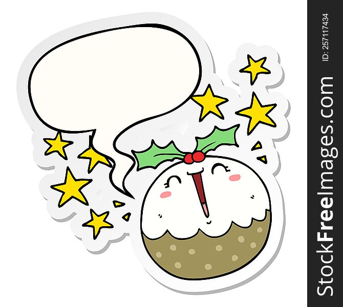 Cute Cartoon Happy Christmas Pudding And Speech Bubble Sticker