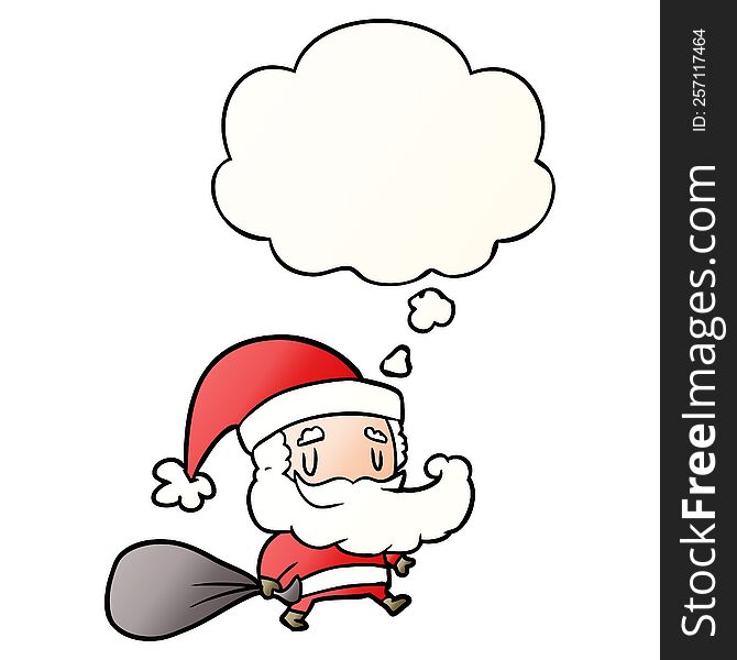 Cartoon Santa Claus With Sack And Thought Bubble In Smooth Gradient Style