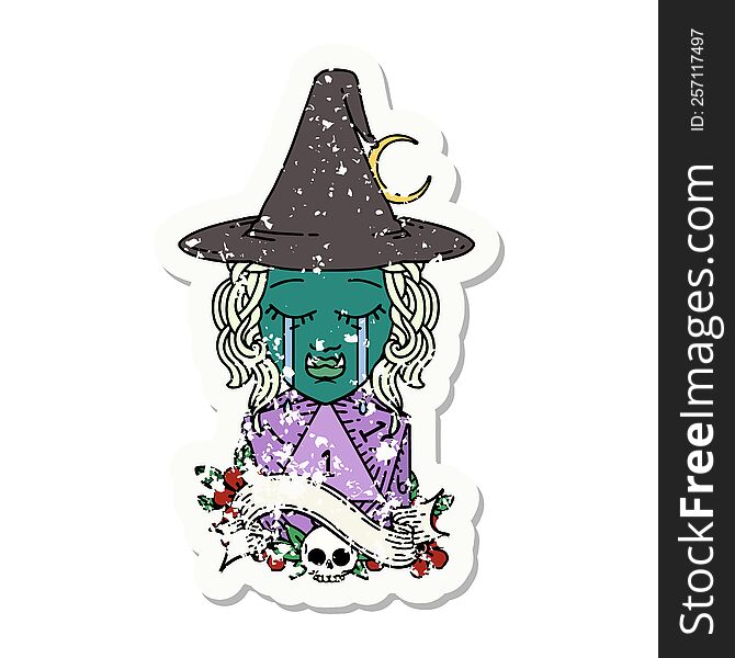 Crying Half Orc Witch Character Face With Natural One D20 Dice Roll Illustration
