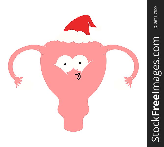 hand drawn flat color illustration of a uterus wearing santa hat