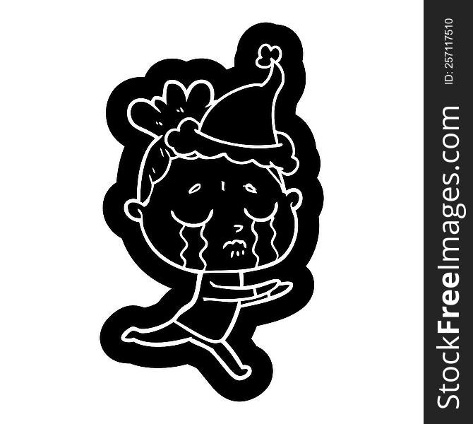 quirky cartoon icon of a crying woman wearing santa hat