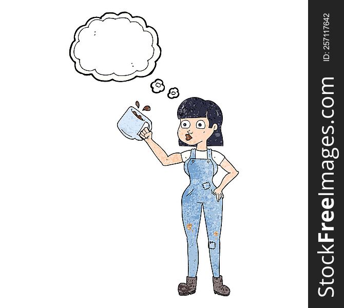 freehand drawn thought bubble textured cartoon female worker with coffee mug