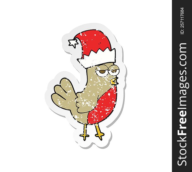 Retro Distressed Sticker Of A Cartoon Robin In Christmas Hat