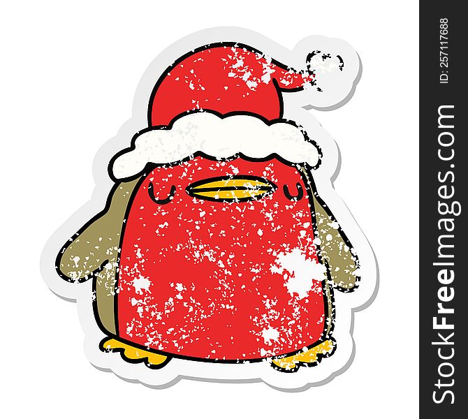 Christmas Distressed Sticker Cartoon Of A Kawaii Robin