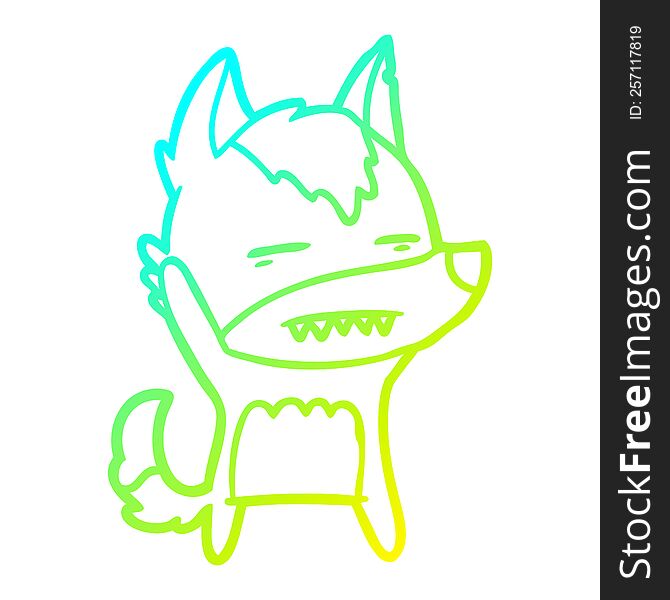 cold gradient line drawing of a cartoon wolf waving showing teeth