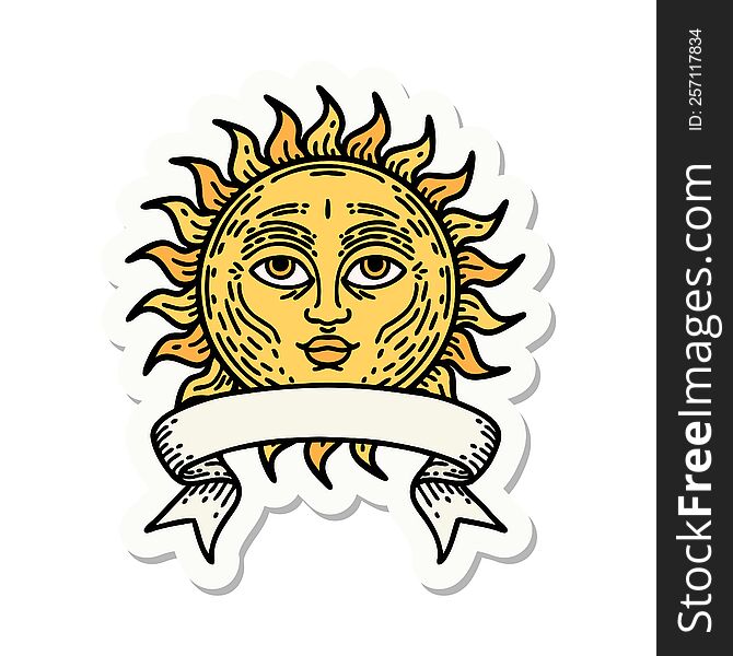 tattoo style sticker with banner of a sun with face