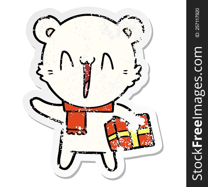 distressed sticker of a happy polar bear cartoon