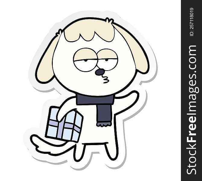 Sticker Of A Cartoon Bored Dog With Christmas Present