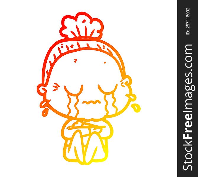 warm gradient line drawing of a cartoon crying old lady