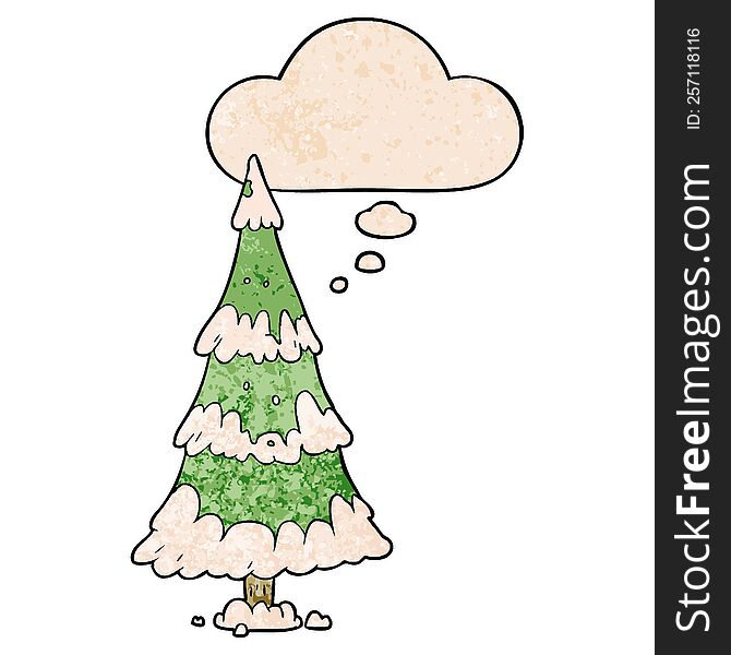 Cartoon Christmas Tree And Thought Bubble In Grunge Texture Pattern Style