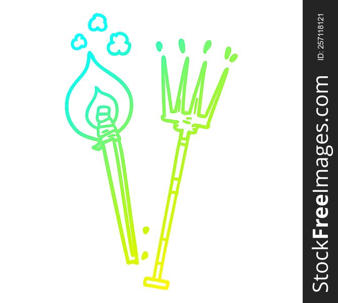 cold gradient line drawing of a cartoon pitchfork and burning brand