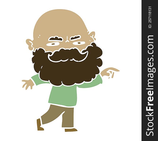 flat color style cartoon man with beard frowning and pointing