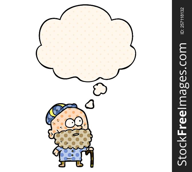 cartoon old man with walking stick with thought bubble in comic book style