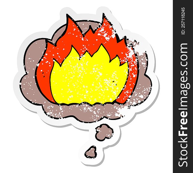 Cartoon Fire And Thought Bubble As A Distressed Worn Sticker