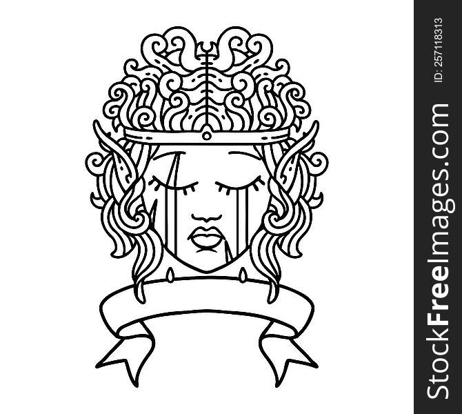 Black and White Tattoo linework Style crying elf barbarian character face with banner. Black and White Tattoo linework Style crying elf barbarian character face with banner