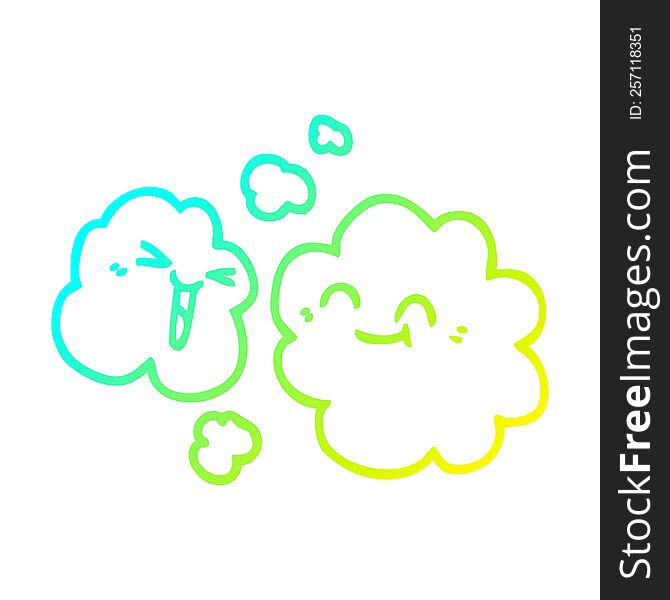 cold gradient line drawing of a cartoon white happy clouds