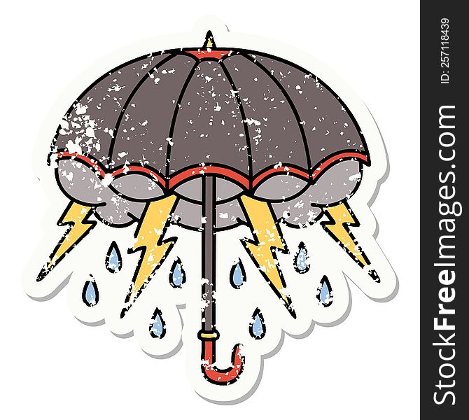 Traditional Distressed Sticker Tattoo Of An Umbrella