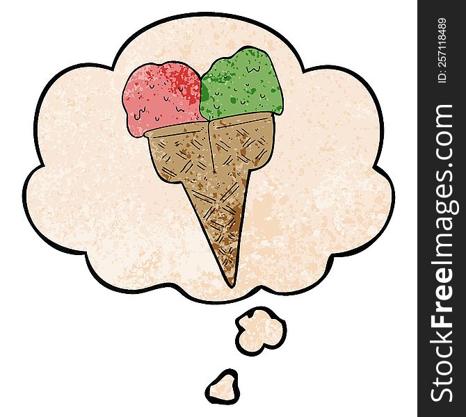 Cartoon Ice Cream And Thought Bubble In Grunge Texture Pattern Style