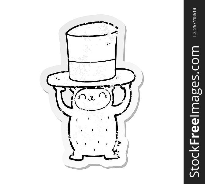 distressed sticker of a cartoon bear with giant hat
