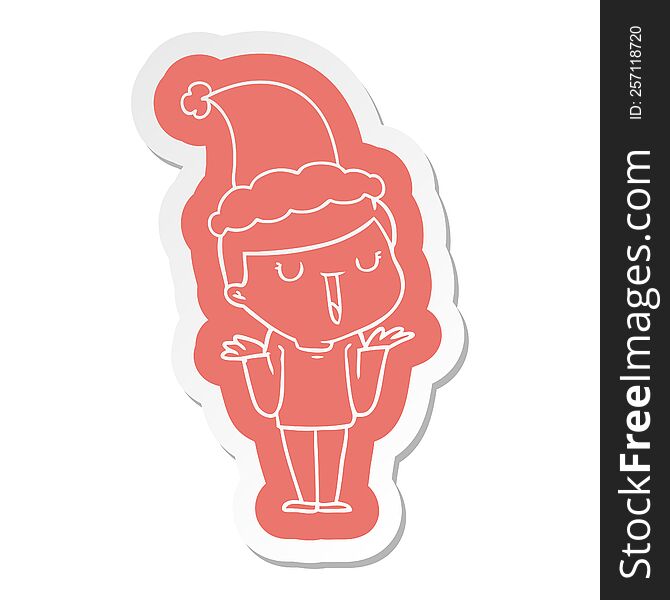 quirky cartoon  sticker of a happy boy with no worries wearing santa hat