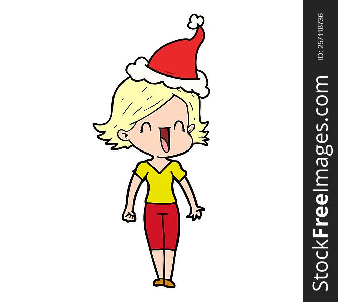 Line Drawing Of A Happy Woman Wearing Santa Hat