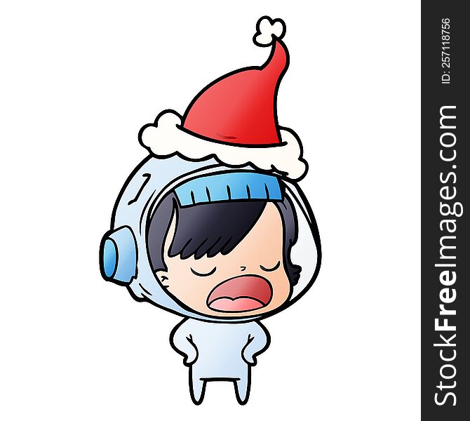 gradient cartoon of a astronaut woman explaining wearing santa hat