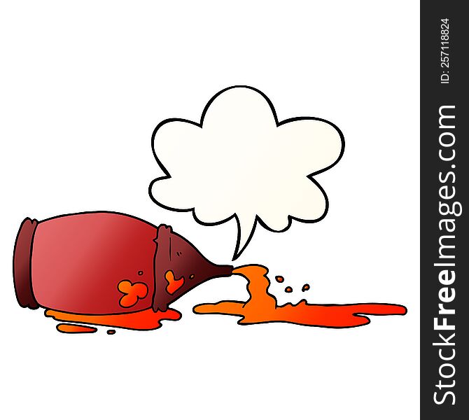 cartoon spilled ketchup bottle with speech bubble in smooth gradient style