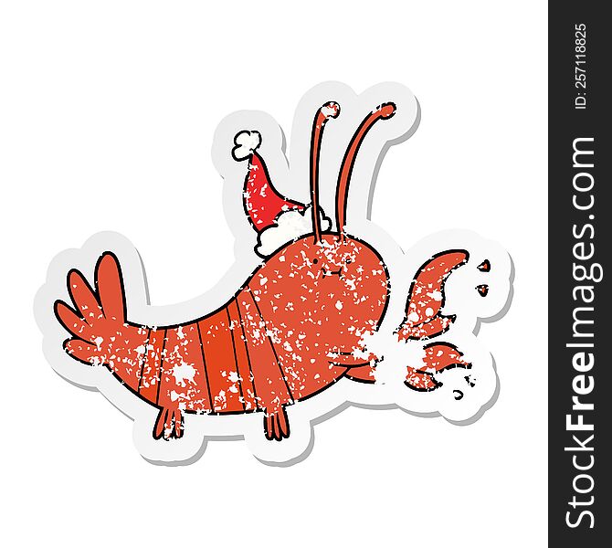 hand drawn distressed sticker cartoon of a lobster wearing santa hat
