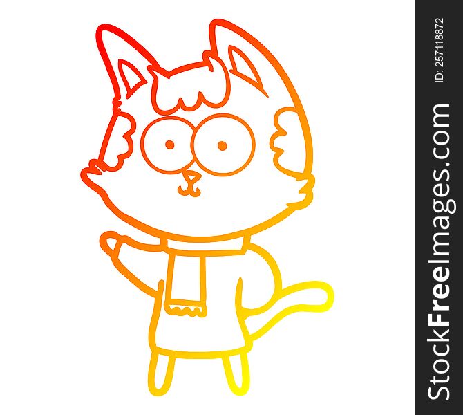 warm gradient line drawing of a happy cartoon cat in winter clothes