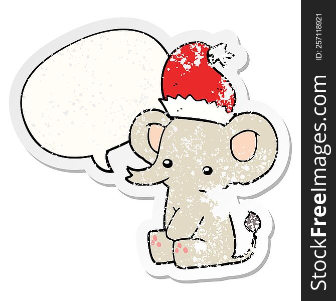 cute christmas elephant with speech bubble distressed distressed old sticker. cute christmas elephant with speech bubble distressed distressed old sticker