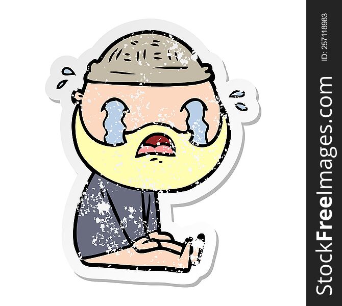 Distressed Sticker Of A Cartoon Bearded Man Crying