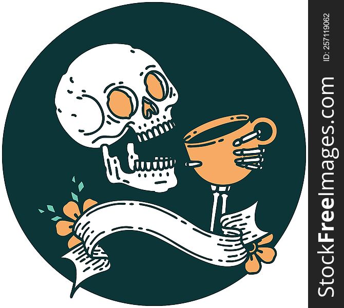 Icon With Banner Of A Skull Drinking Coffee