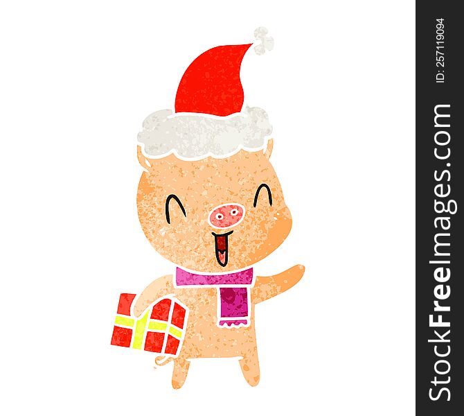 happy hand drawn retro cartoon of a pig with xmas present wearing santa hat