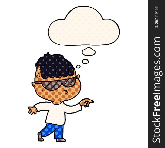 cartoon boy wearing sunglasses pointing and thought bubble in comic book style