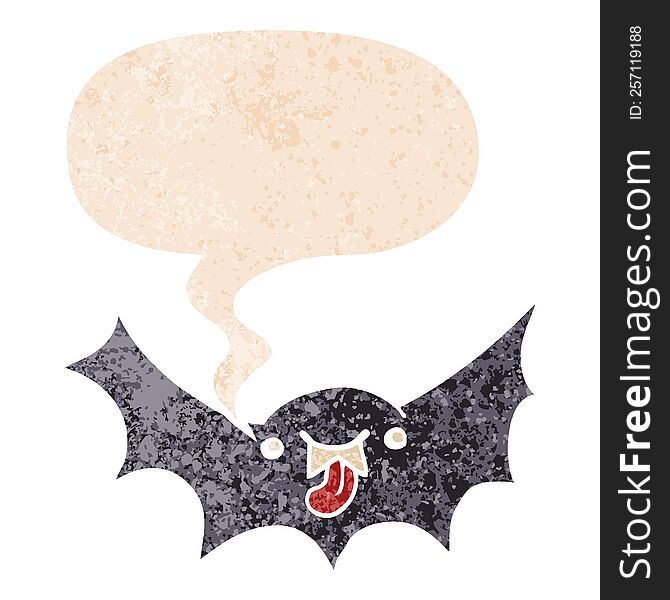 cartoon vampire bat and speech bubble in retro textured style