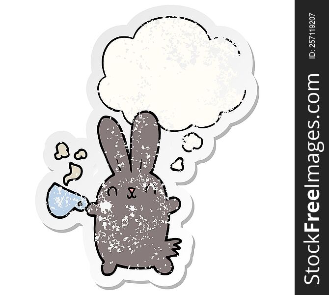 Cute Cartoon Rabbit With Coffee Cup And Thought Bubble As A Distressed Worn Sticker