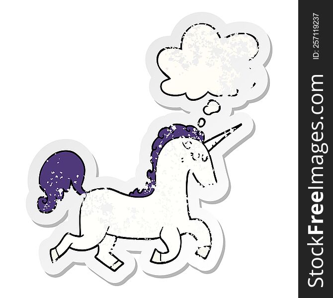 Cartoon Unicorn And Thought Bubble As A Distressed Worn Sticker