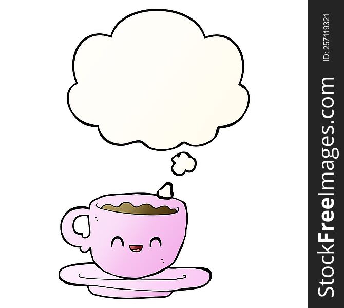 cartoon hot cup of coffee with thought bubble in smooth gradient style