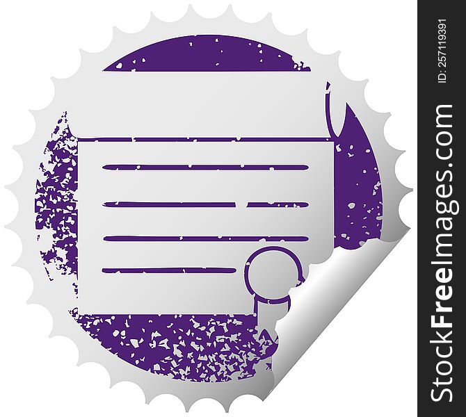 distressed circular peeling sticker symbol of a certificate