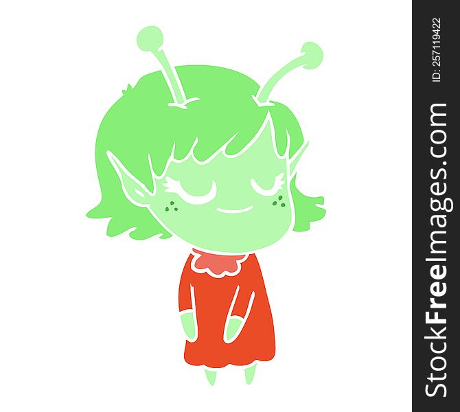 Smiling Alien Girl Flat Color Style Cartoon