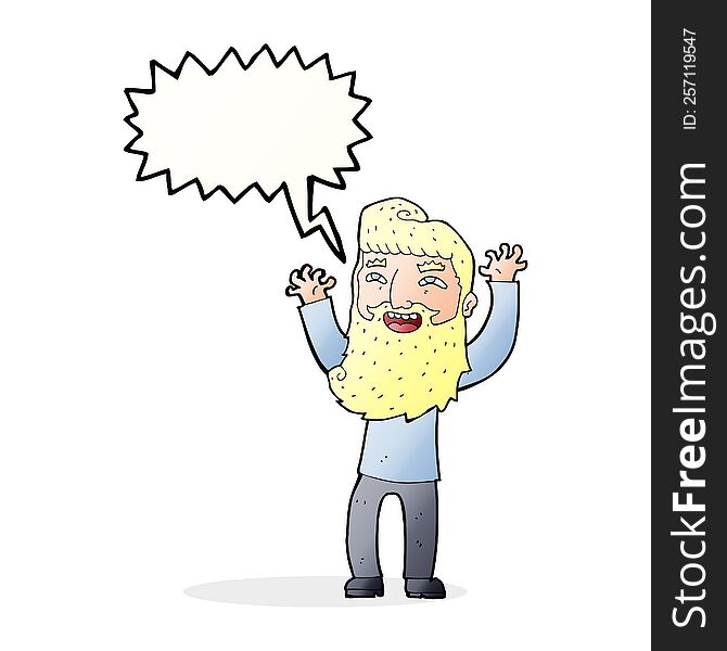Cartoon Happy Bearded Man Waving Arms With Speech Bubble