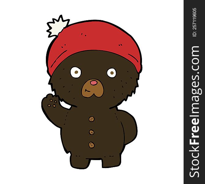 cartoon waving black teddy bear in winter hat