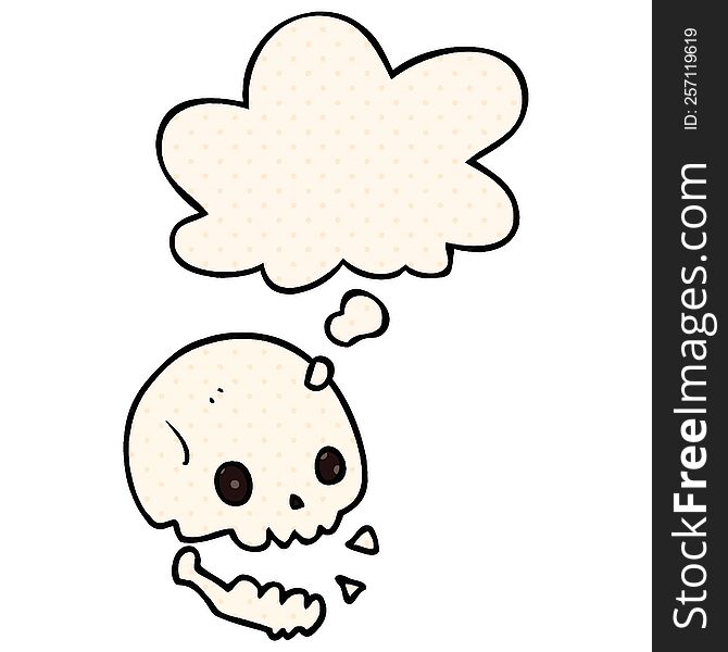 cartoon spooky skull with thought bubble in comic book style