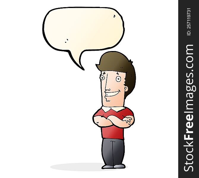 cartoon man with folded arms grinning with speech bubble