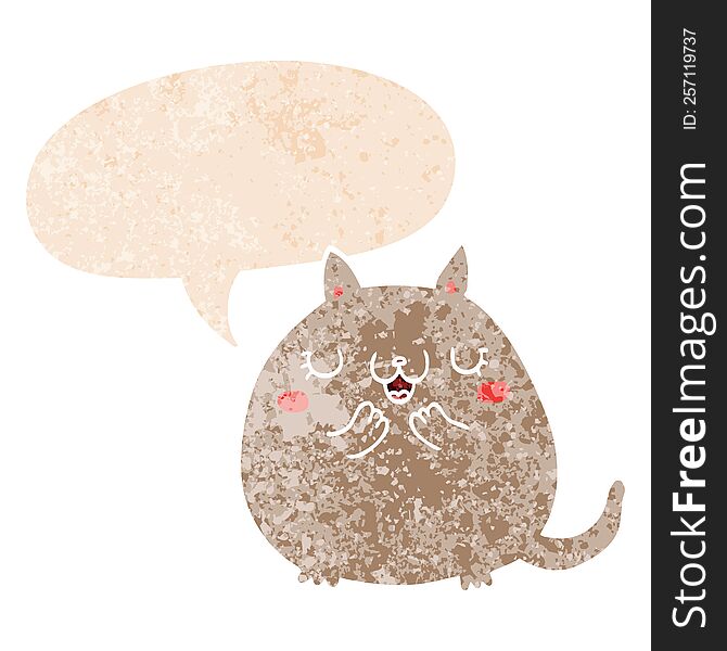 Cartoon Cute Cat And Speech Bubble In Retro Textured Style