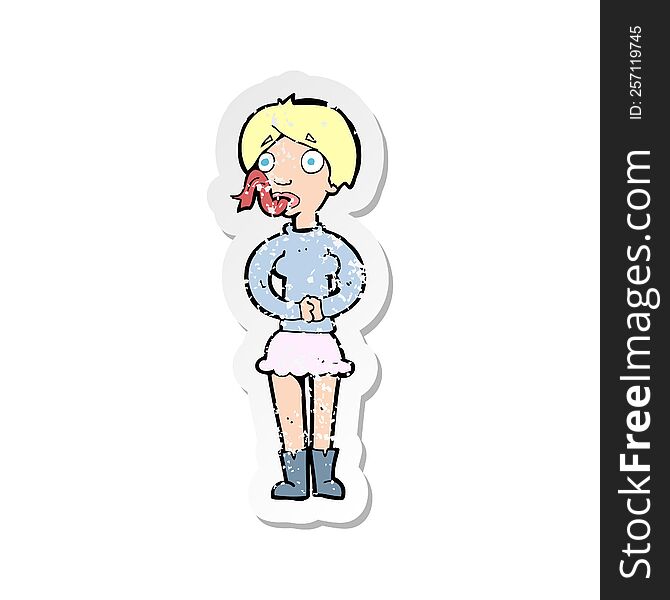 Retro Distressed Sticker Of A Cartoon Woman With Snake Tongue