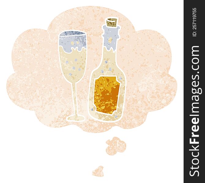 cartoon champagne bottle and glass and thought bubble in retro textured style