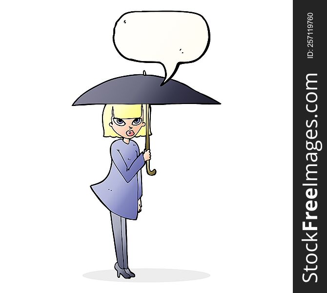 Cartoon Woman With Umbrella With Speech Bubble