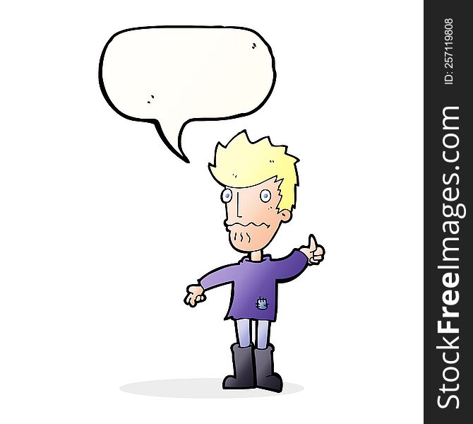 cartoon worried man giving thumbs up symbol with speech bubble