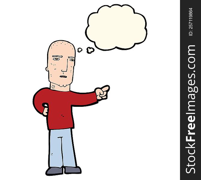 cartoon tough guy pointing with thought bubble
